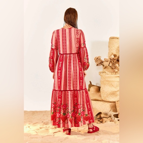 NWT Farm Rio Red/Pink Embroidered Strawberry Pineapple Jacquard Dress Medium - Picture 2 of 2